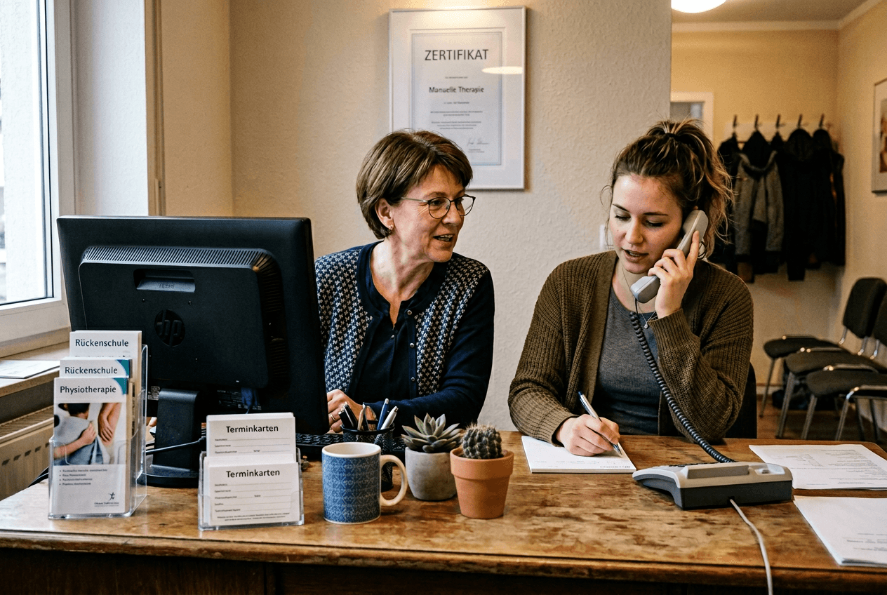 Praxis-Team entspannt am Empfang dank entlasteter Abläufe