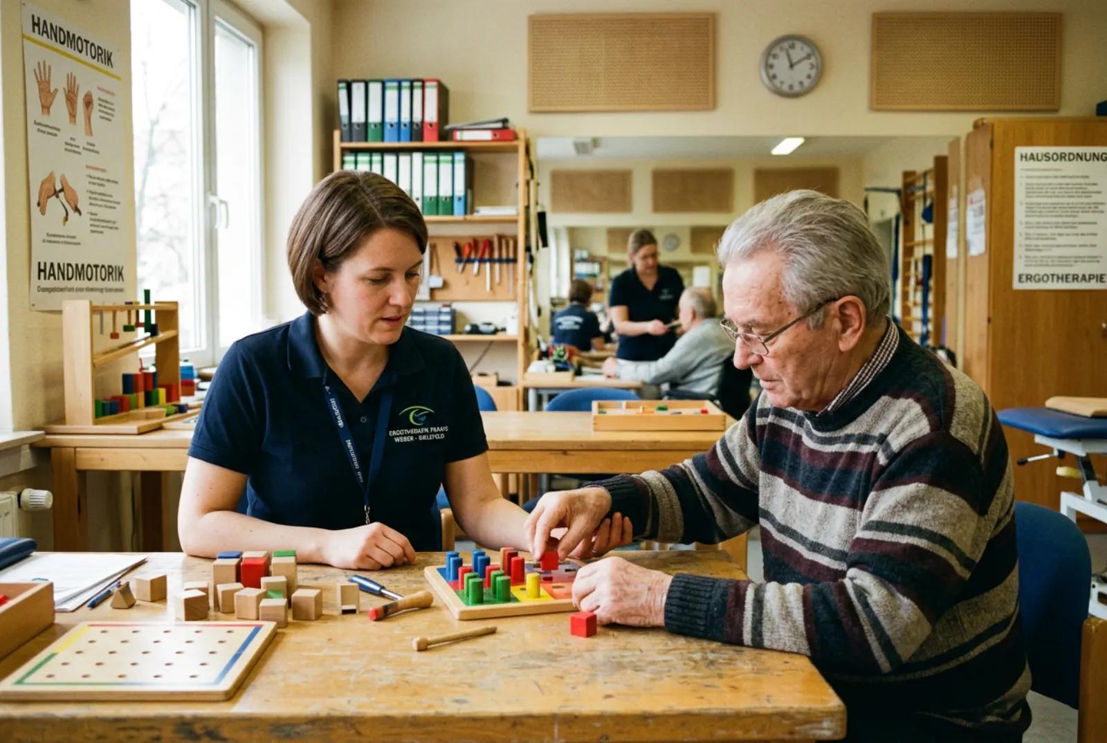 Ergotherapeutin arbeitet mit älterem Patienten an Feinmotorik-Übungen