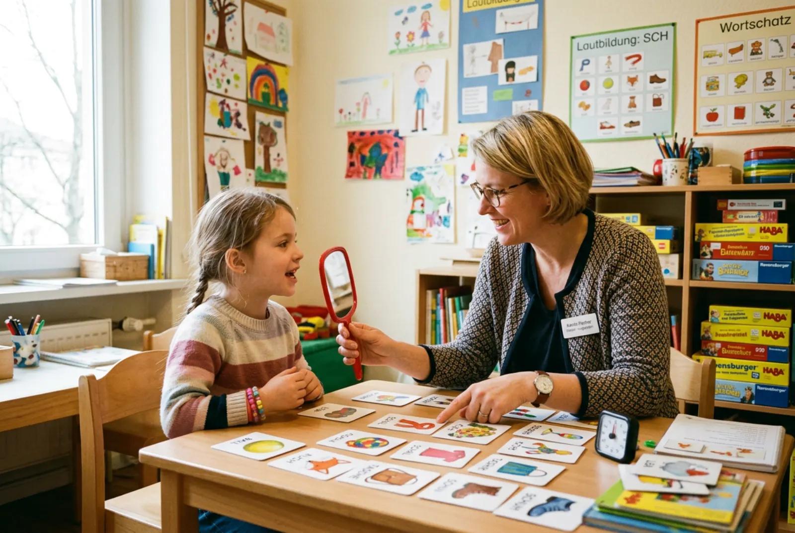Logopädin arbeitet mit einem Kind in einer freundlichen Sprachtherapie-Praxis