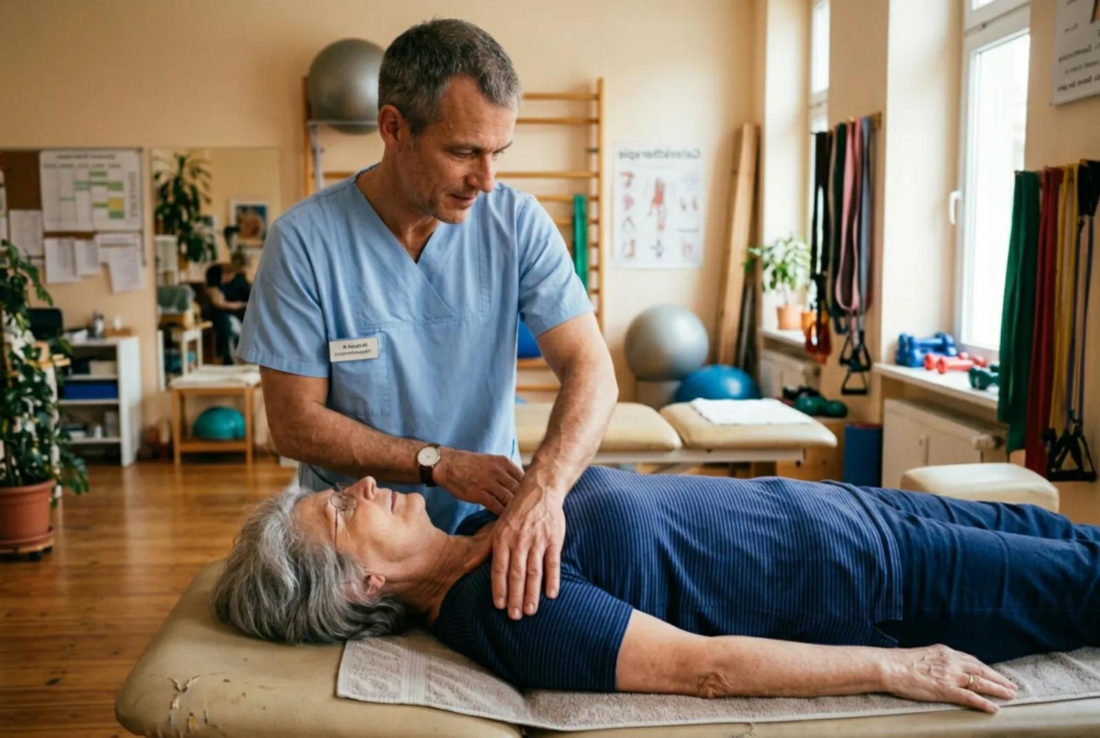 Physiotherapeut behandelt ältere Patientin in einer modernen Praxis