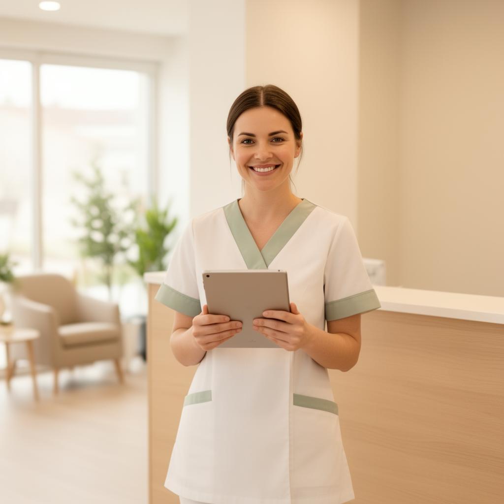 Empfangsmitarbeiterin schaut entspannt auf ein Tablet mit einem lückenlos gefüllten, farblich strukturierten digitalen Praxiskalender; im Hintergrund ein Patient im Wartebereich.