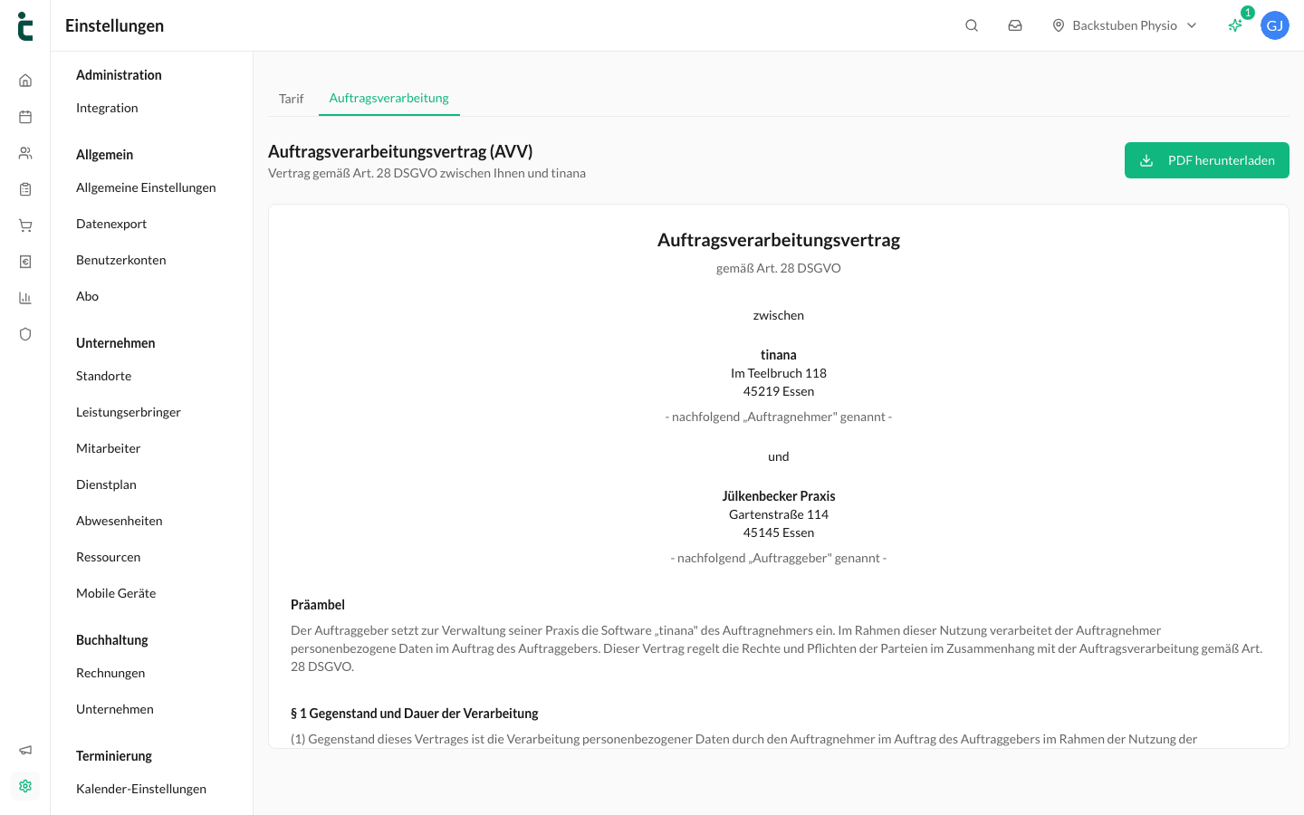 Der Tab Auftragsverarbeitung mit dem AVV nach Art. 28 DSGVO und dem Button „PDF herunterladen“.