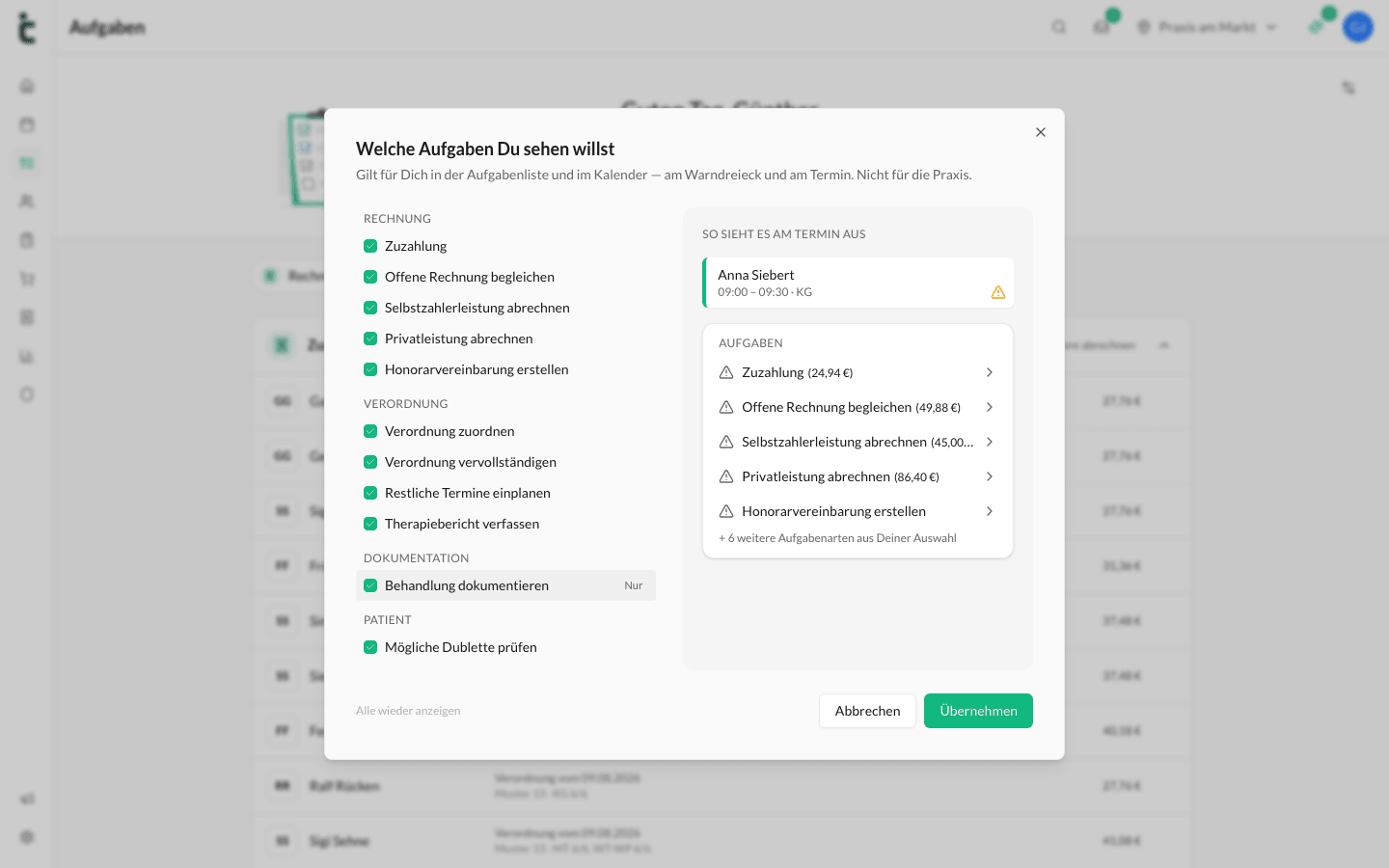 Der Dialog Welche Aufgaben Du sehen willst mit den Aufgabenarten je Gruppe, der Vorschau So sieht es am Termin aus und dem Button Übernehmen.