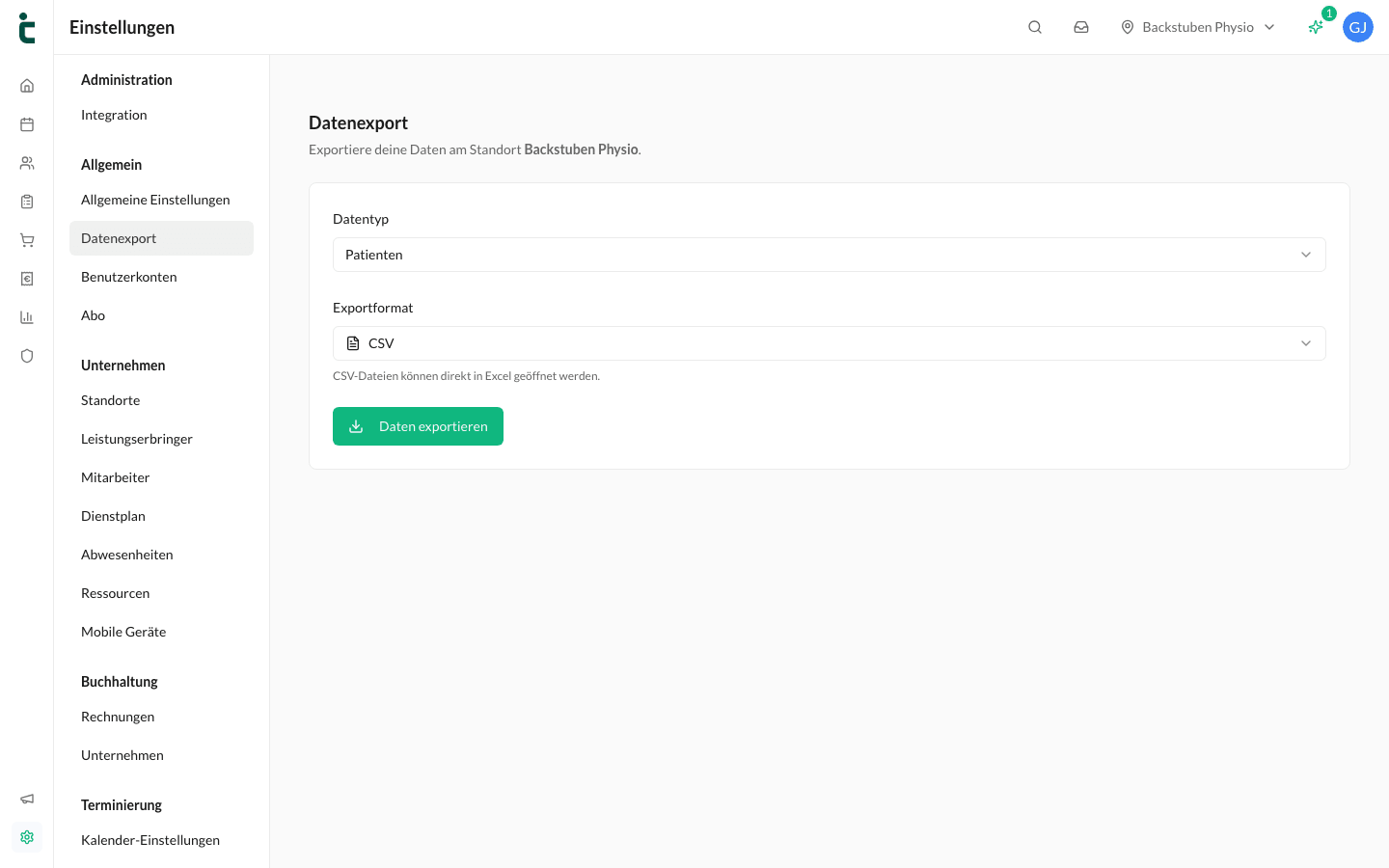 Einstellungen → Datenexport mit Datentyp, Exportformat und Export-Button.