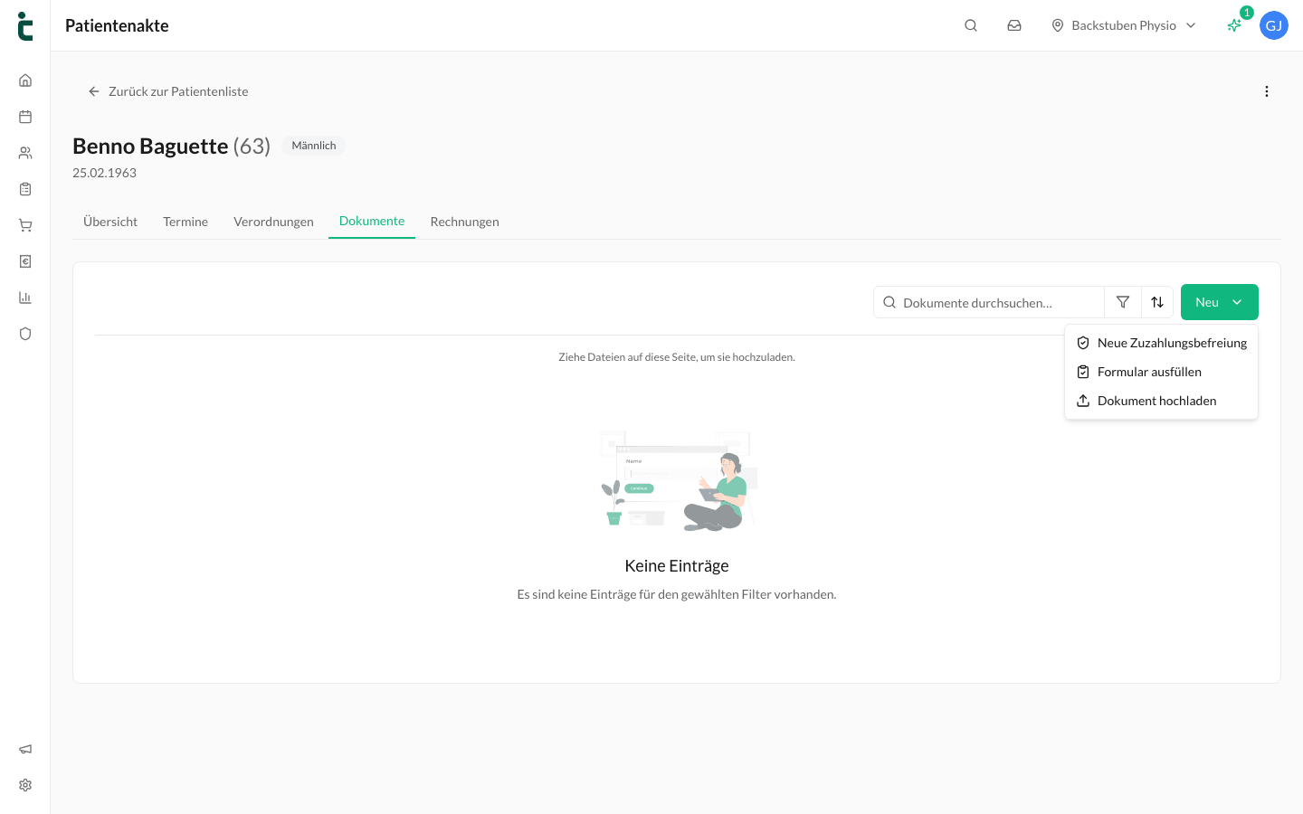 Das Menü „Neu“ im Tab Dokumente mit Zuzahlungsbefreiung, Formular ausfüllen und Dokument hochladen.