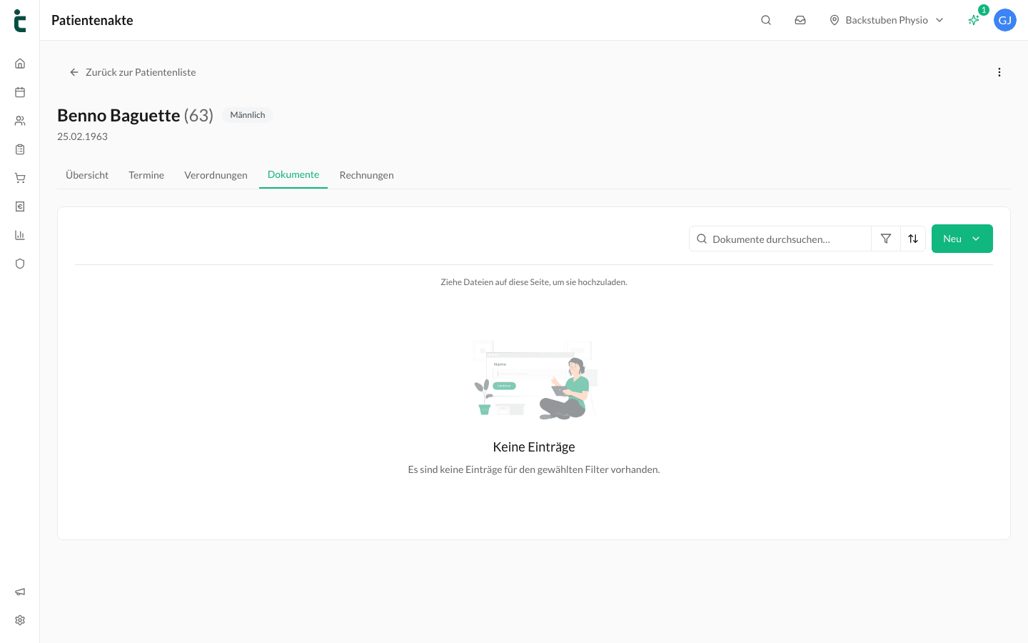 Der Tab Dokumente der Patientenakte mit Filter nach Dokumentart.