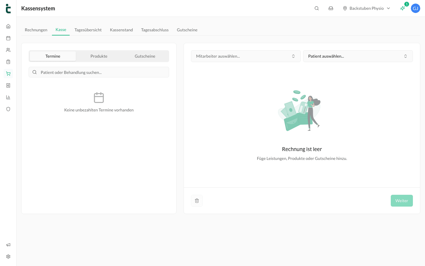 Der Tab Kasse mit den Quellen Termine, Produkte und Gutscheine.