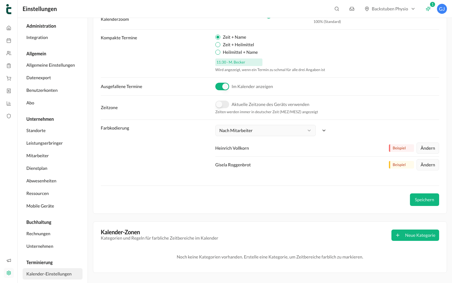 Der Abschnitt Kalender-Zonen mit dem Button für eine neue Kategorie.