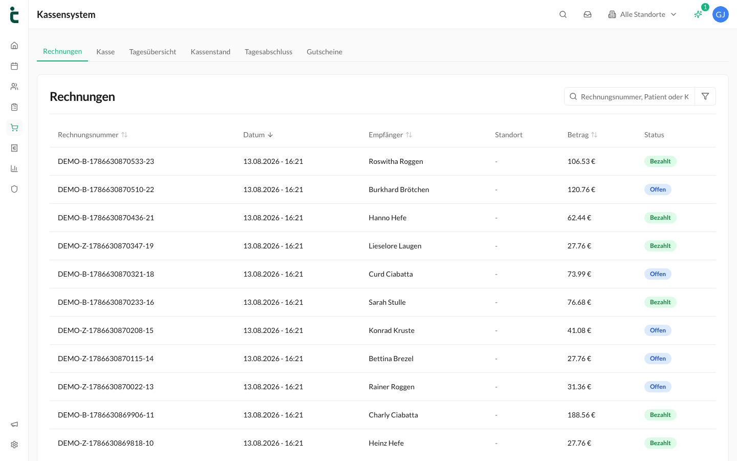 Der Tab Rechnungen mit Rechnungsnummer, Datum, Empfänger, Betrag und Status.