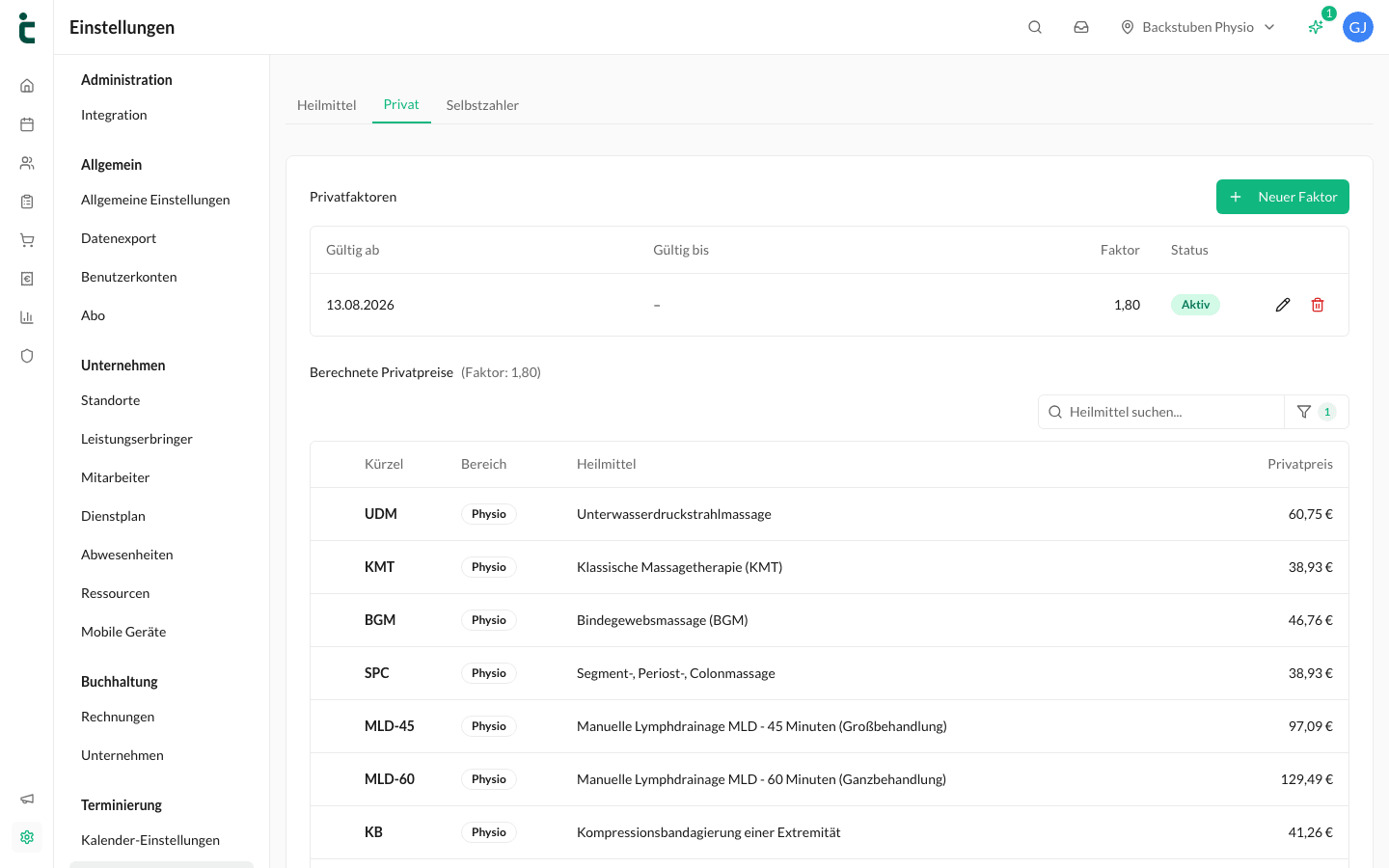 Der Tab Privat mit den Privatfaktoren und den daraus berechneten Privatpreisen.