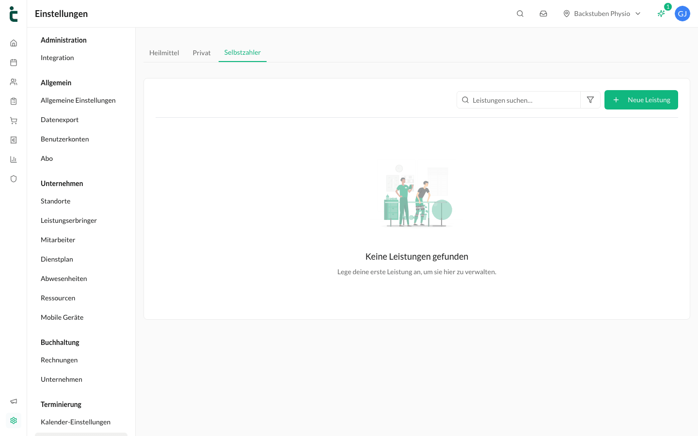 Der Tab Selbstzahler mit dem Button für eine neue Leistung.