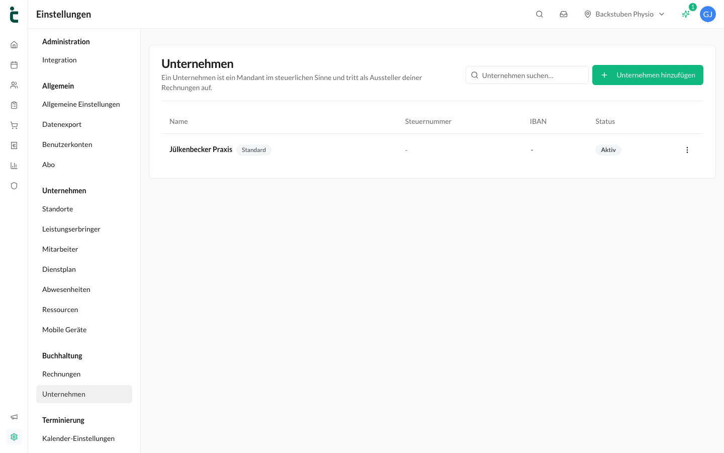 Einstellungen → Unternehmen mit Name, Steuernummer, IBAN und Status.