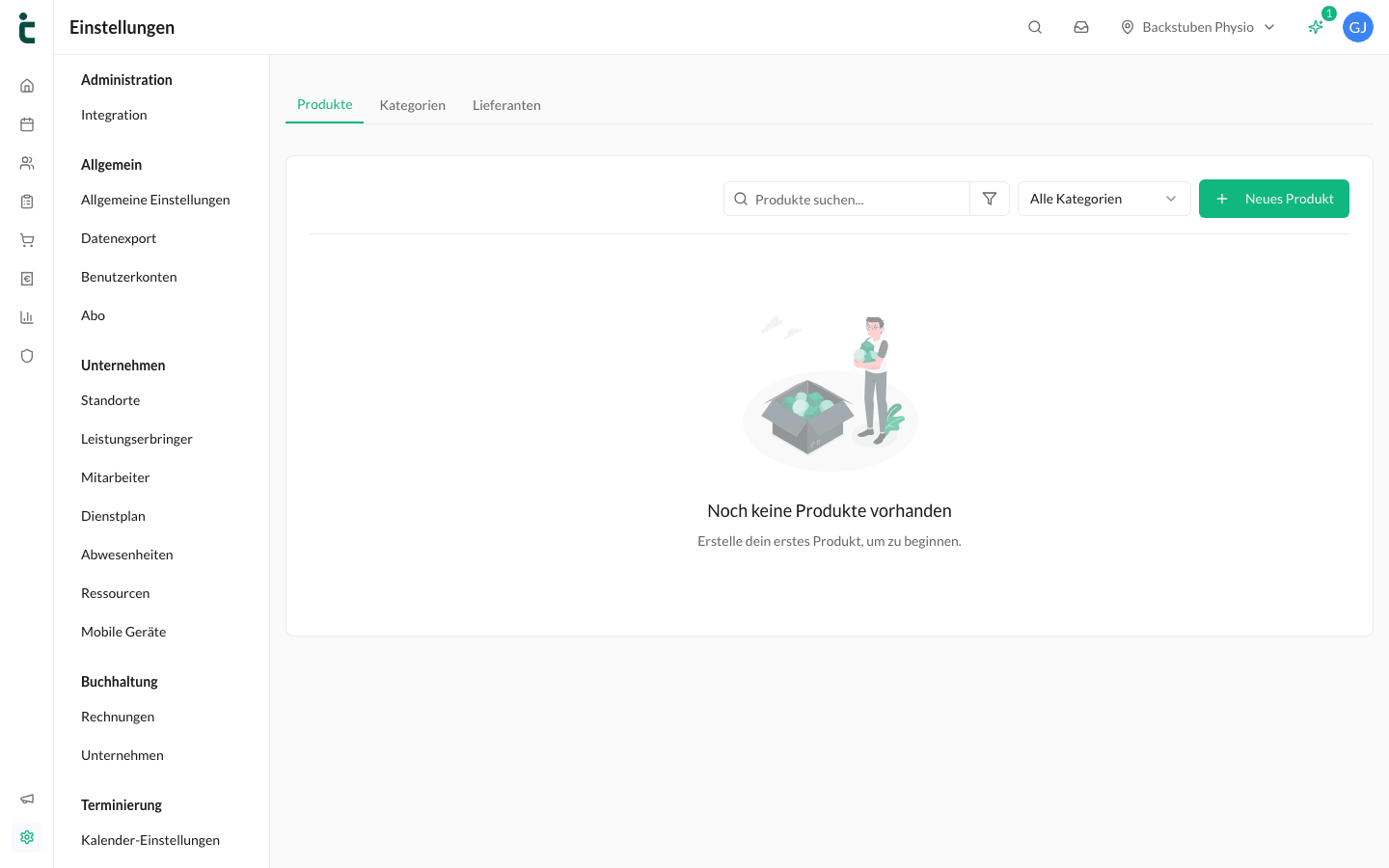 Die Produktübersicht mit den Tabs Produkte, Kategorien und Lieferanten.
