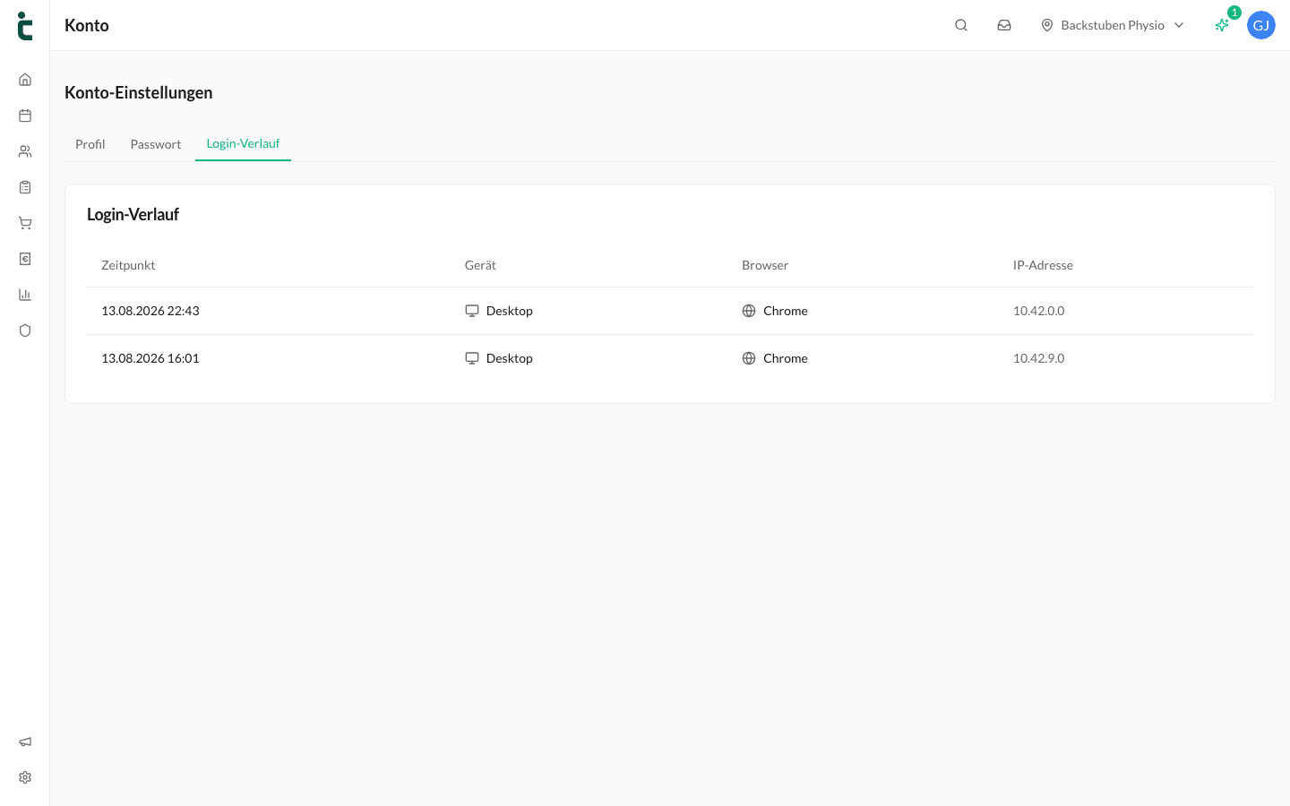 Der Tab Login-Verlauf mit Zeitpunkt, Gerät, Browser und IP-Adresse.