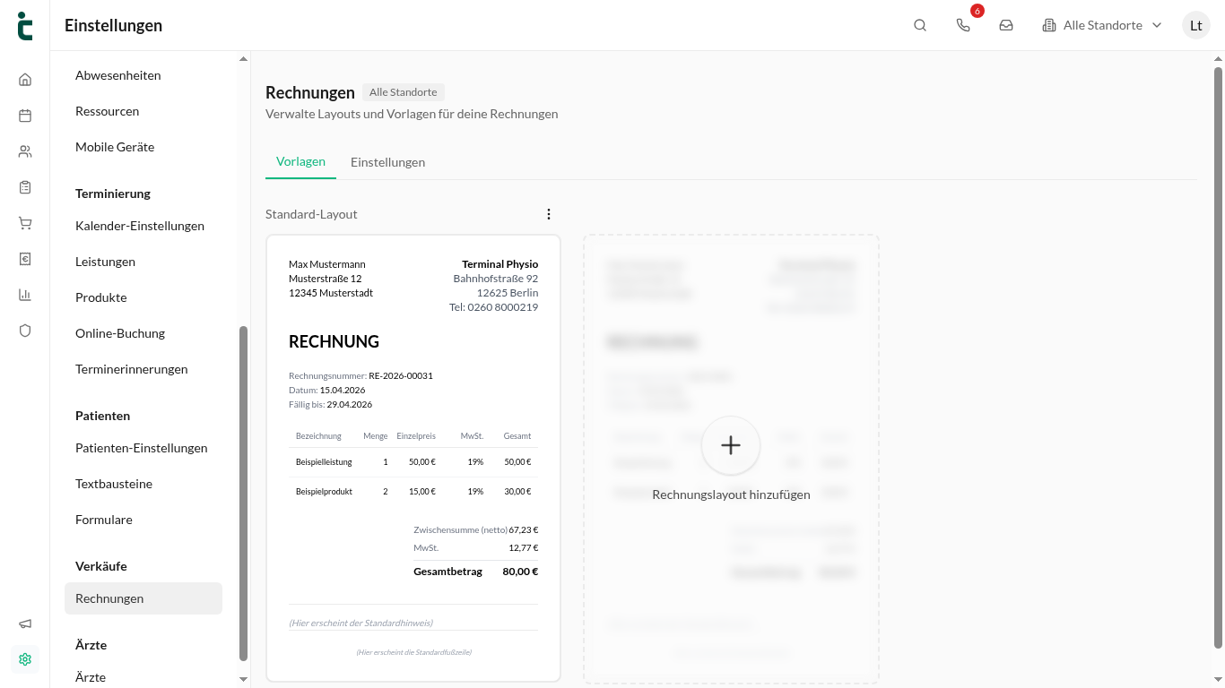 Rechnungslayouts können individuell gestaltet und als Vorlagen gespeichert werden.