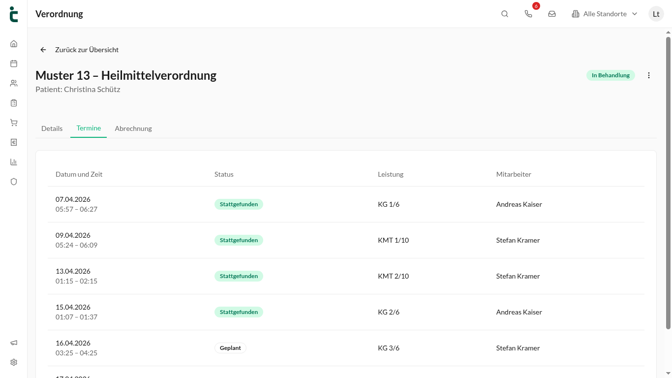 Die Terminliste einer Verordnung zeigt alle geplanten & stattgefundenen Behandlungseinheiten.