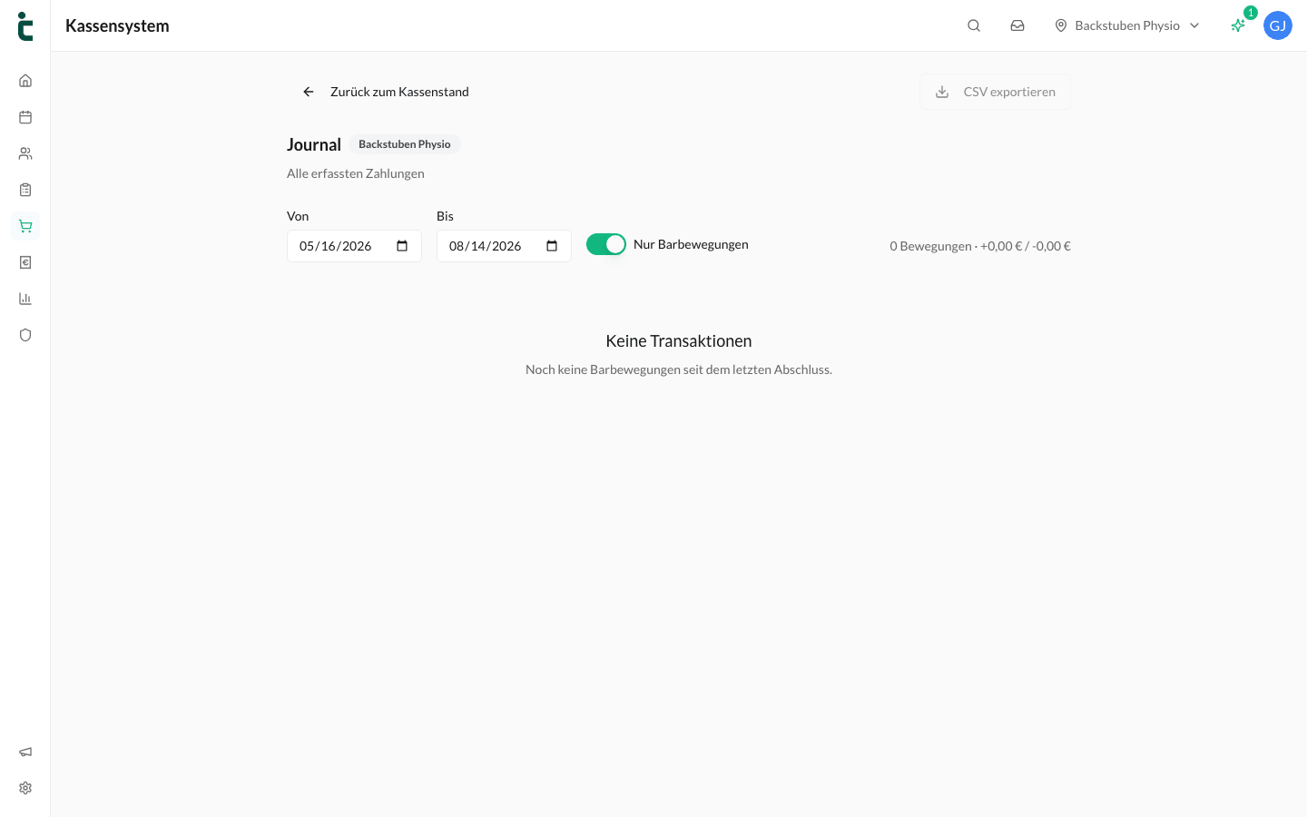 Das Journal mit allen erfassten Zahlungen, Zeitraumfilter und CSV-Export.