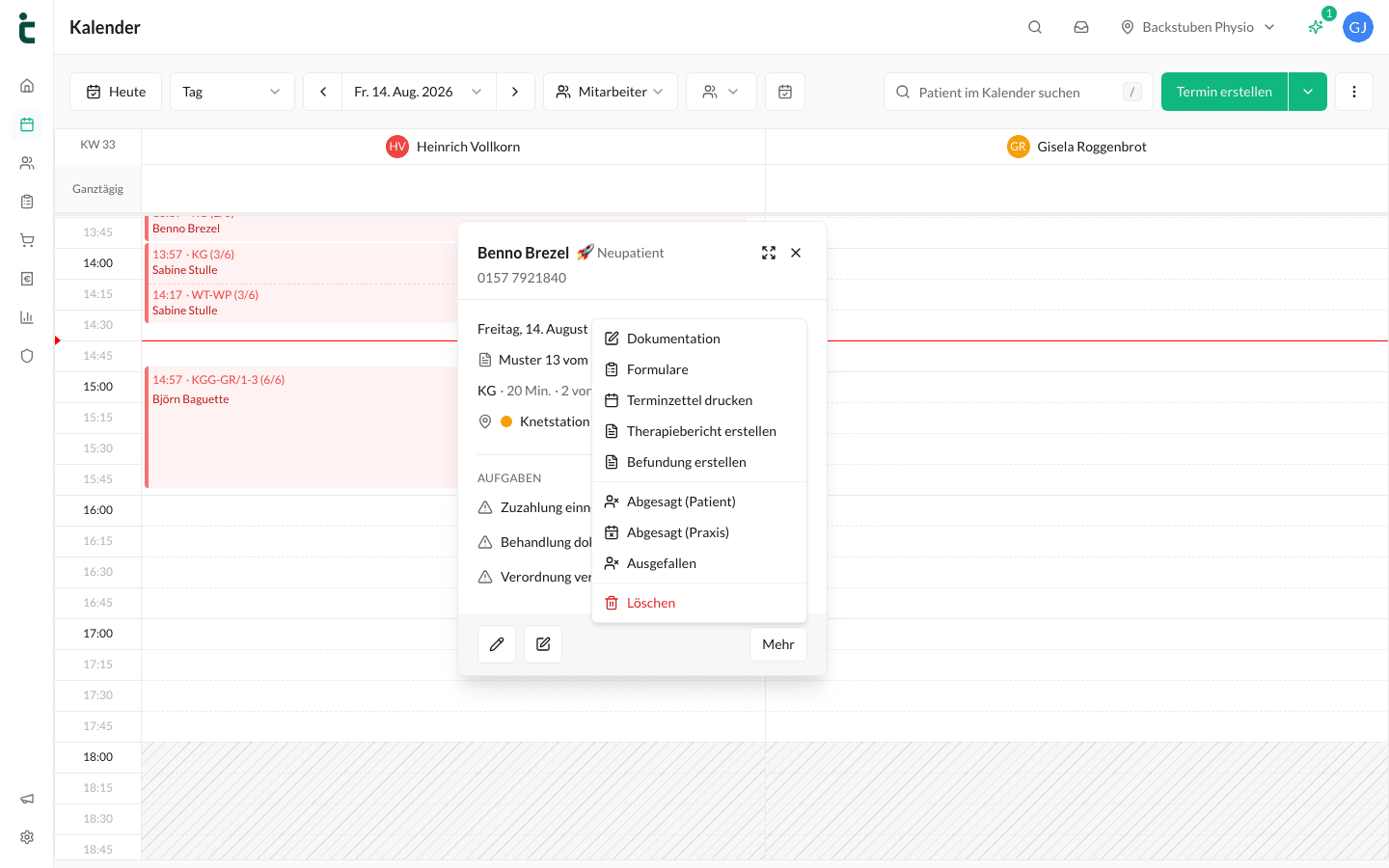 Das Aktionsmenü „Mehr“ am Termin mit Dokumentation, Formularen, Terminzettel, Therapiebericht, Befundung und den Absage-Status.