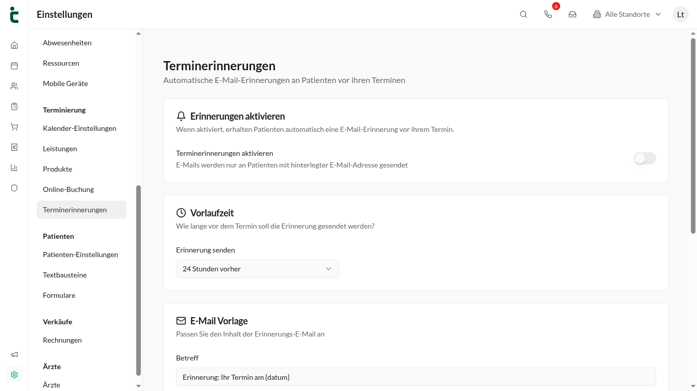 Die Terminerinnerungen-Einstellungen mit Aktivierungsschalter, Vorlaufzeit & E-Mail-Vorlage.