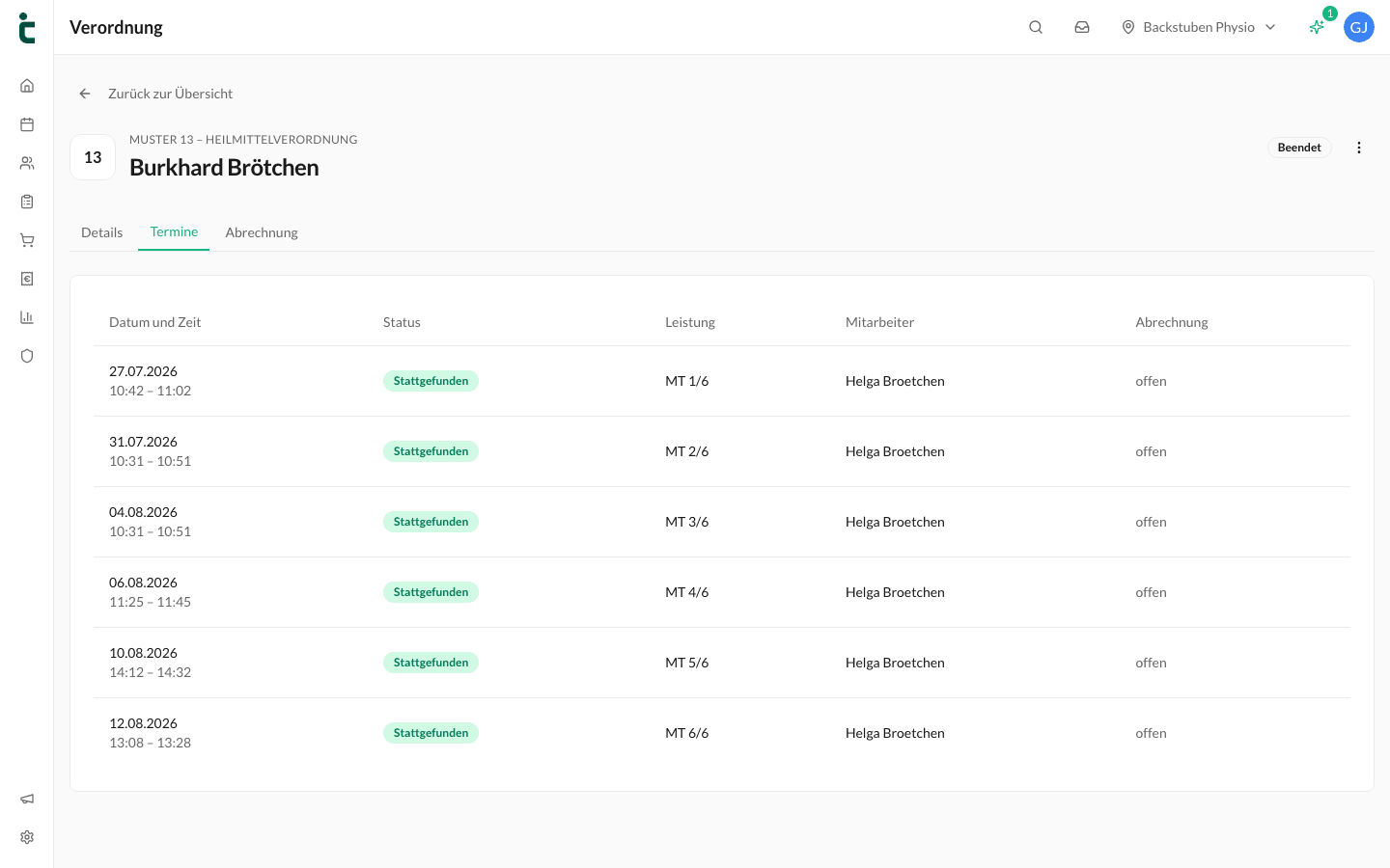 Der Tab Termine einer Verordnung mit Datum, Status, Leistung, Mitarbeiter:in und Abrechnungsstand.